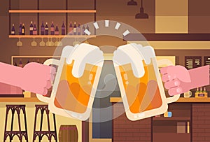 Hands Clinking Beer People In Pub Or Bar Restaurant Cheering Party Celebration Festival Concept
