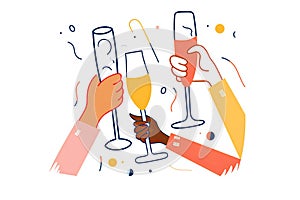 hands clinking champagne glasses. Celebration toast. Generative ai