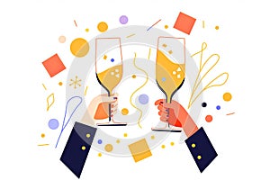 hands clinking champagne glasses. Celebration toast. Generative ai
