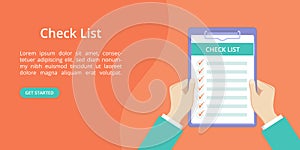 Hands with clipboard check list landing page