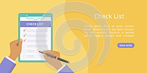 Hands with clipboard check list web page template