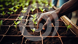 Hands close-up planting sprouts of seedlings in spring