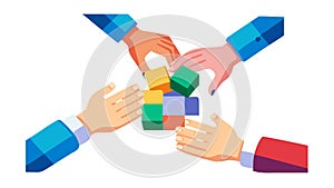 Hands Collaboratively Building with Colorful Blocks, vector design Generative AI