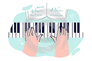 Hands of composer playing piano and learning notes for performance at instrumental music concert