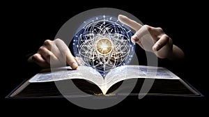 Hands Conjuring Glowing Orb Above Open Book Against Black Background