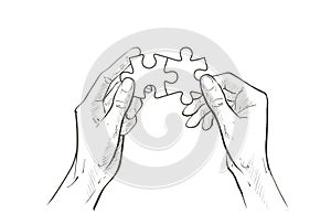 Hands connect Jigsaw puzzle piece. The concept of establishing contacts, teamwork, partnerships, understanding