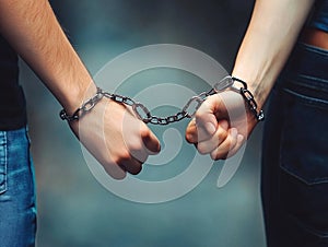 Hands connected by chain, symbolizing codependency