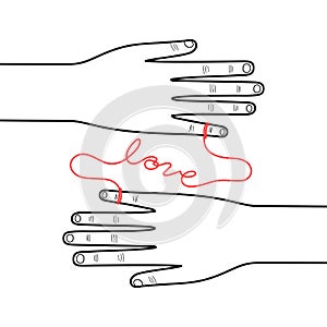 Hands connected by the red string of fate on white background