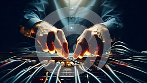 Hands Connecting Cables in Dark Server Room