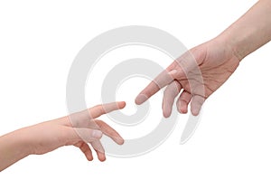 Hands connecting two people isolated on white background