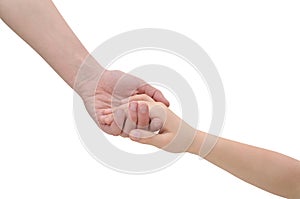 Hands connecting two people isolated on white background