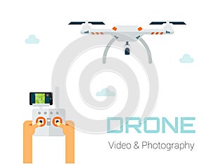 Hands controling unmanned aerial vechicle. Aerial Photography and Video illustration.