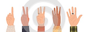 Hands counting. Count on fingers showing number one, two, three, four and five. Hand icons countdown gesture in trendy flat style
