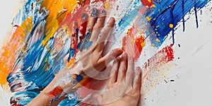 Hands covered in colorful paint smears.