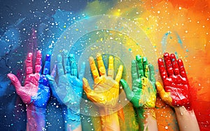Hands covered in colorful paint, symbolizing creativity,DEI,Diversity,Equity and Inclusion