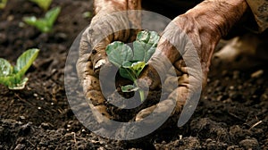 Hands covered in dirt a gardener gently tucks a seedling into the rich soil. This simple act of cultivation symbolizes