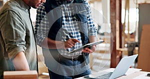 Hands, coworker and architect with tablet for ideas as teamwork, collaboration and discuss design. Men, closeup, and