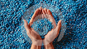 Hands Holding Blue Plastic Pellets. AI generated