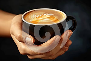 Hands cradling a black coffee cup with latte art