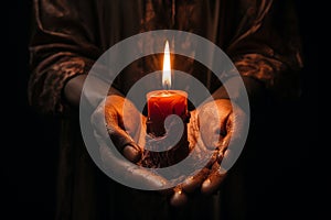 Hands cradling a candle, with its soft, warm glow as the sole source of light, symbolizing the power of a single flame to dispel