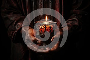 Hands cradling a candle, with its soft, warm glow as the sole source of light, symbolizing the power of a single flame to dispel