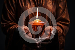 Hands cradling a candle, with its soft, warm glow as the sole source of light, symbolizing the power of a single flame to dispel