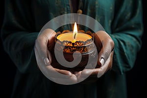 Hands cradling a candle, with its soft, warm glow as the sole source of light, symbolizing the power of a single flame to dispel