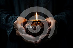 Hands cradling a candle, with its soft, warm glow as the sole source of light, symbolizing the power of a single flame to dispel