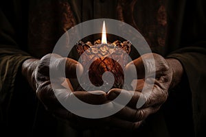 Hands cradling a candle, with its soft, warm glow as the sole source of light, symbolizing the power of a single flame to dispel