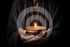 Hands cradling a candle, with its soft, warm glow as the sole source of light, symbolizing the power of a single flame to dispel