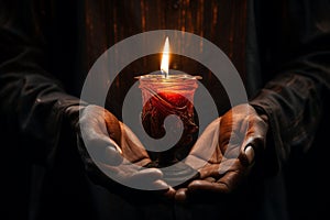 Hands cradling a candle, with its soft, warm glow as the sole source of light, symbolizing the power of a single flame to dispel