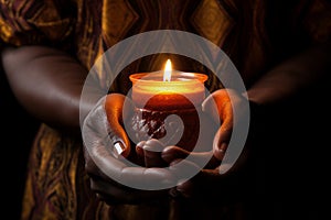 Hands cradling a candle, with its soft, warm glow as the sole source of light, symbolizing the power of a single flame to dispel