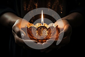 Hands cradling a candle, with its soft, warm glow as the sole source of light, symbolizing the power of a single flame to dispel