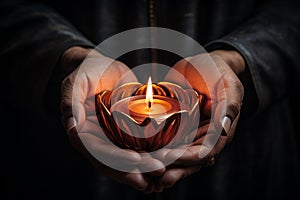 Hands cradling a candle, with its soft, warm glow as the sole source of light, symbolizing the power of a single flame to dispel