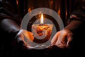 Hands cradling a candle, with its soft, warm glow as the sole source of light, symbolizing the power of a single flame to dispel