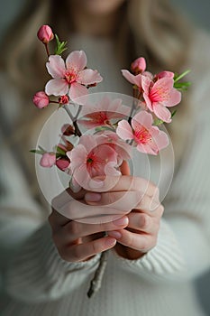 Hands cradling cherry blossoms, showcasing gentle touch, Generated AI