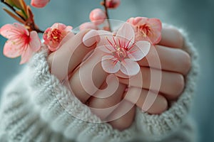 Hands cradling cherry blossoms, showcasing gentle touch, Generated AI