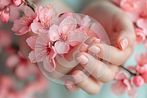 Hands cradling cherry blossoms, showcasing gentle touch, Generated AI