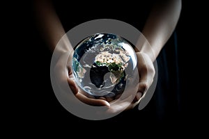 hands cradling the earth against a dark background symbolizing environmental protection and responsibility