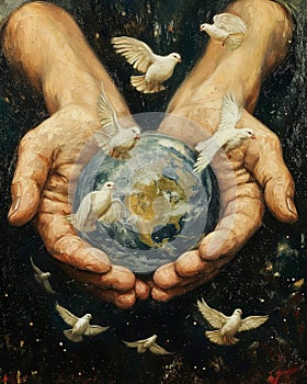 Hands Cradling Earth Surrounded by Doves. photo