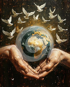 Hands Cradling Earth Surrounded by Doves. photo