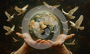 Hands Cradling Earth Surrounded by Doves. photo