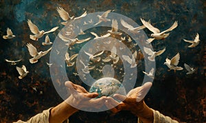 Hands Cradling Earth Surrounded by Doves. photo