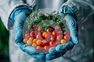 Hands cradling fresh tomatoes and basil