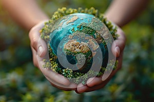 Hands cradling a miniature Earth with detailed terrain and greenery., Generated AI