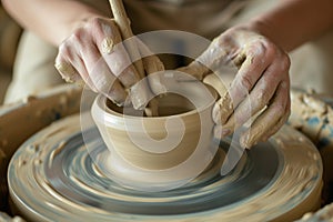 hands crafting a ceramic pot on a pottery wheel