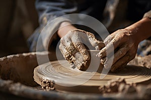 Hands create a pottery bowl on a wheel in a workshop surrounded by tools and clay