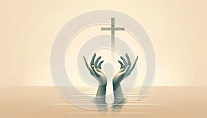 Hands with a cross in the water. Illustration.