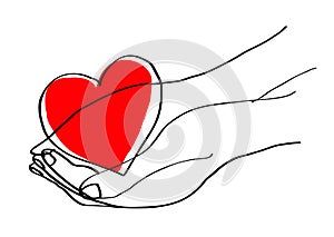 Hands cupped holding a red heart. line illustration