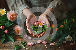 Hands cupping a flower above a floral-strewn table. Floristry design. AI Generated